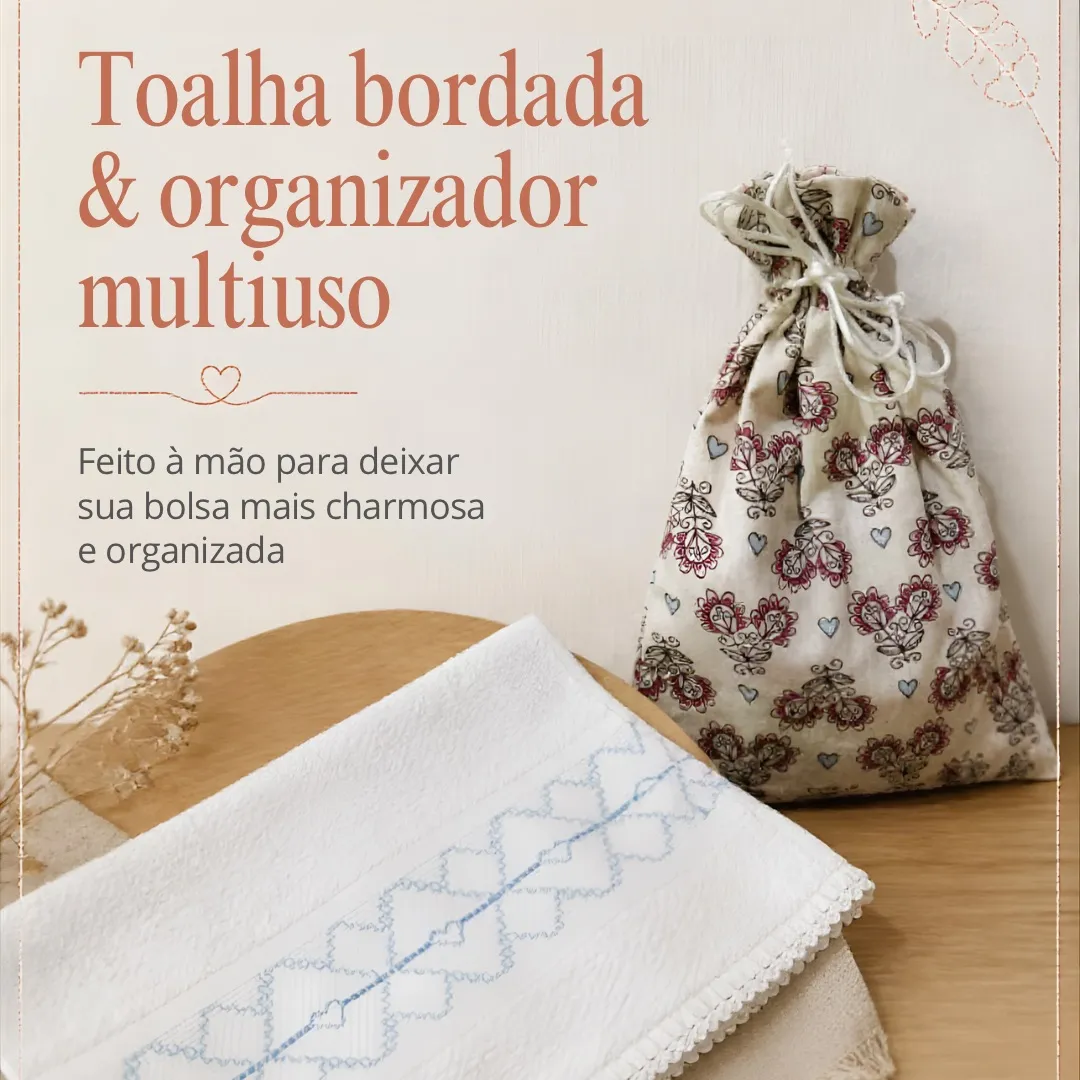Kit - toalha de mão bordada e organizador multiuso PP 1 - artesanato feito à mão por Djulik
