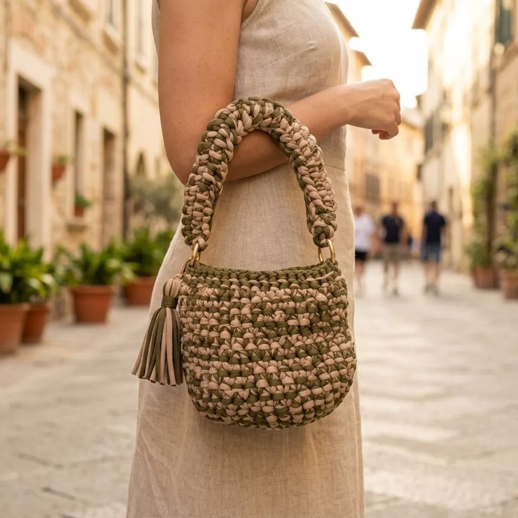 Bolsa em crochê  fio malha verde/creme - foto 2