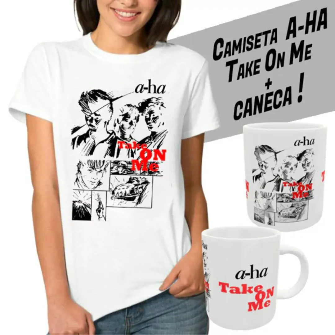 Kit camiseta+caneca a-Ha, wave anos 80, estampa take on me, exclusiva tamanhos unisex