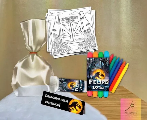 Kit Massinha + Giz + Bolha Jurassic Park Personalizado - feito à mão por Artmanha Lembrancinhas