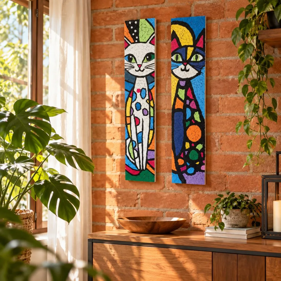 Dupla de Quadros Gatinhos Coloridos em Mosaico - artesanato feito à mão por Crismosaico & madeiras