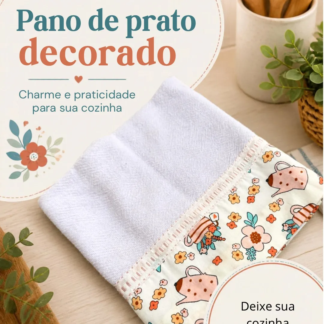 Pano de prato artesanal - com barrado de tecido 19 - artesanato de Djulik