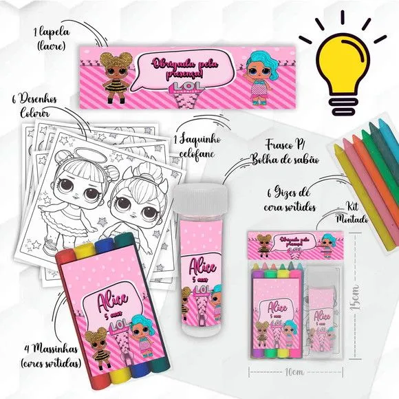 Kit Massinha + Giz + Bolha Lol Surprise Personalizado - feito à mão por Mi Papelaria Criativa