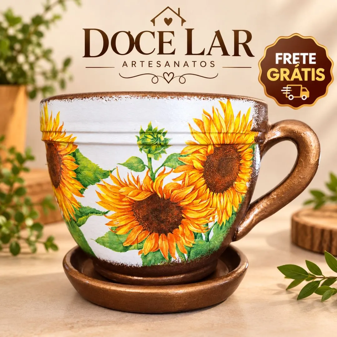 Vaso de Planta Tipo Xícara de Cerâmica Tamanho Grande Artesanal Girassol Ferro - artesanato de Doce Lar Artesanatos