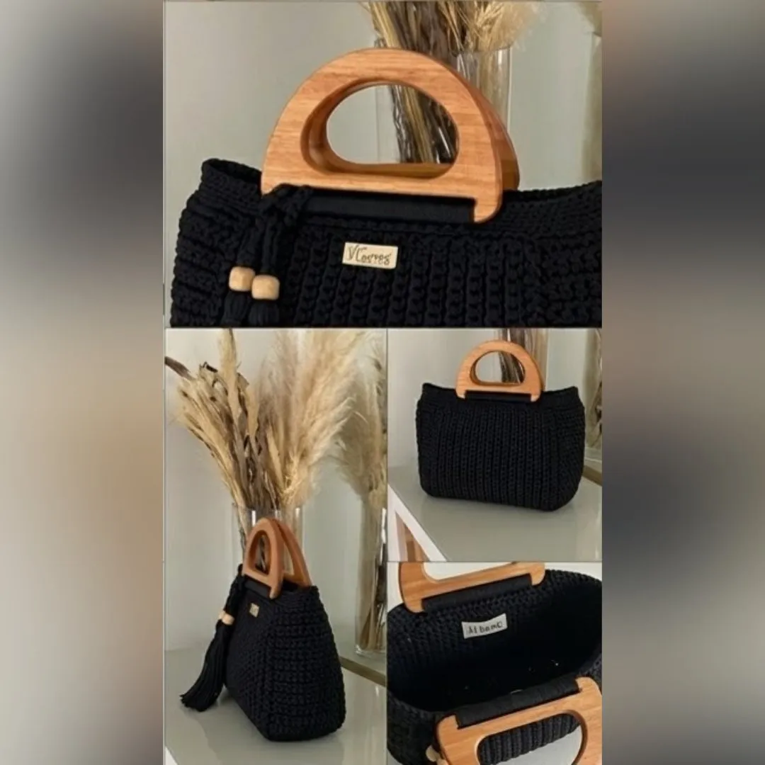 Bolsa Saco de Crochê Preta – Alça de Madeira Redonda e Tassel Exclusivo - foto 2