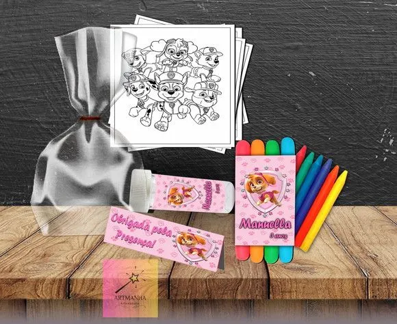 Kit Massinha + Giz + Bolha Patrulha Rosa Personalizado - feito à mão por Artmanha Lembrancinhas