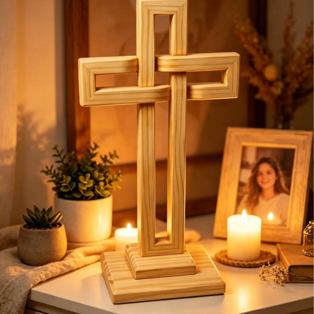 Cruz Crucifixo de Madeira Natural  Entrelaçada com Base de Apoio.