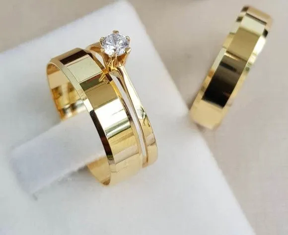 Par Alianças de Noivado Moeda Antiga 6mm + Anel Solitário - artesanato feito à mão por TM JOIAS