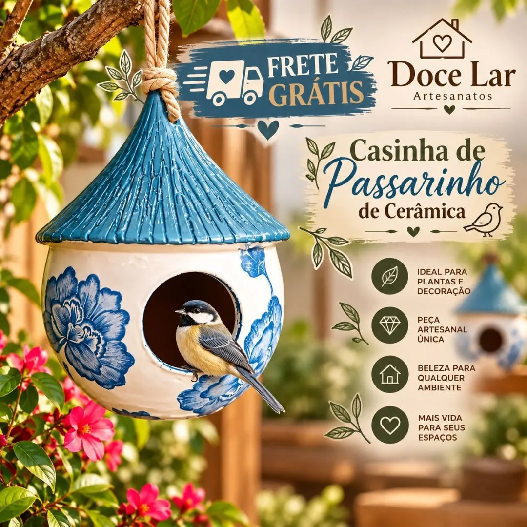 Casinha de Passarinho de Cerâmica Artesanal Floral Azul Infinito