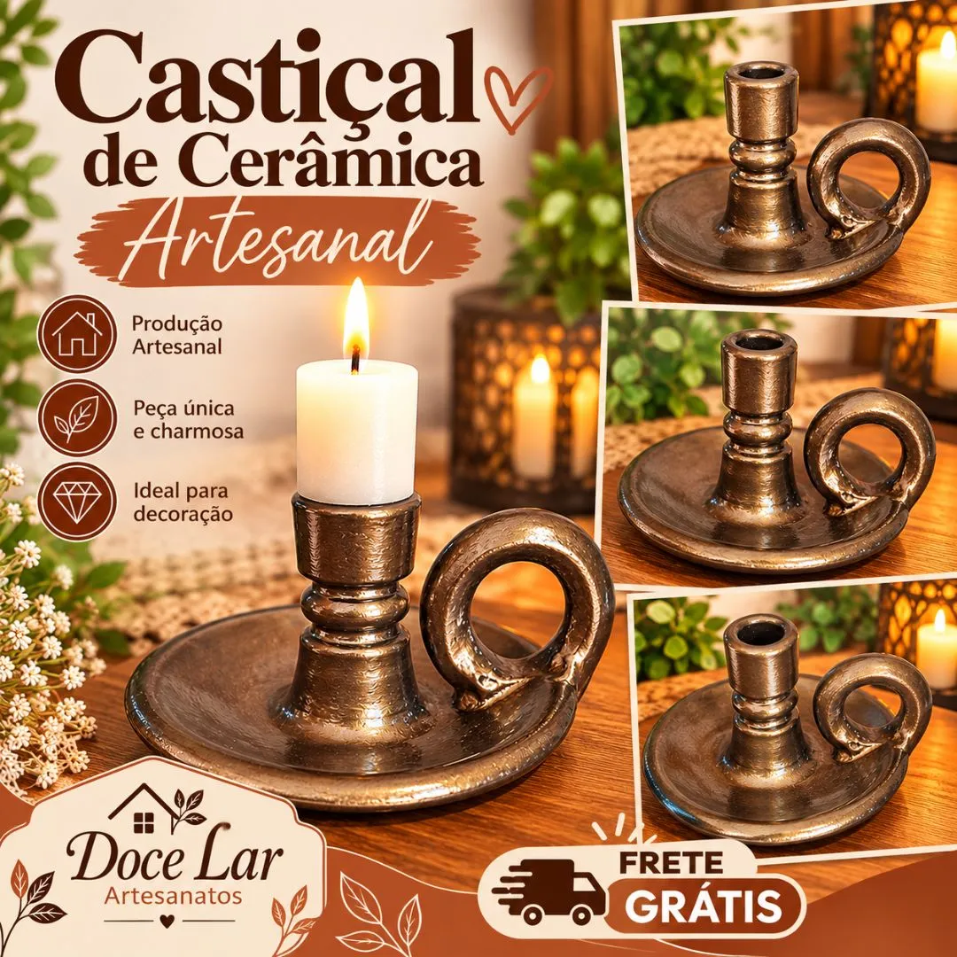 Kit 2 Castiçal Porta Vela de Cerâmica Artesanal Ouro Negro - foto 3