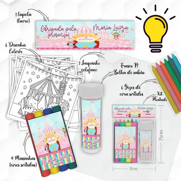 Kit Massinha + Giz + Bolha Circo Rosa Personalizado - feito à mão por Mi Papelaria Criativa