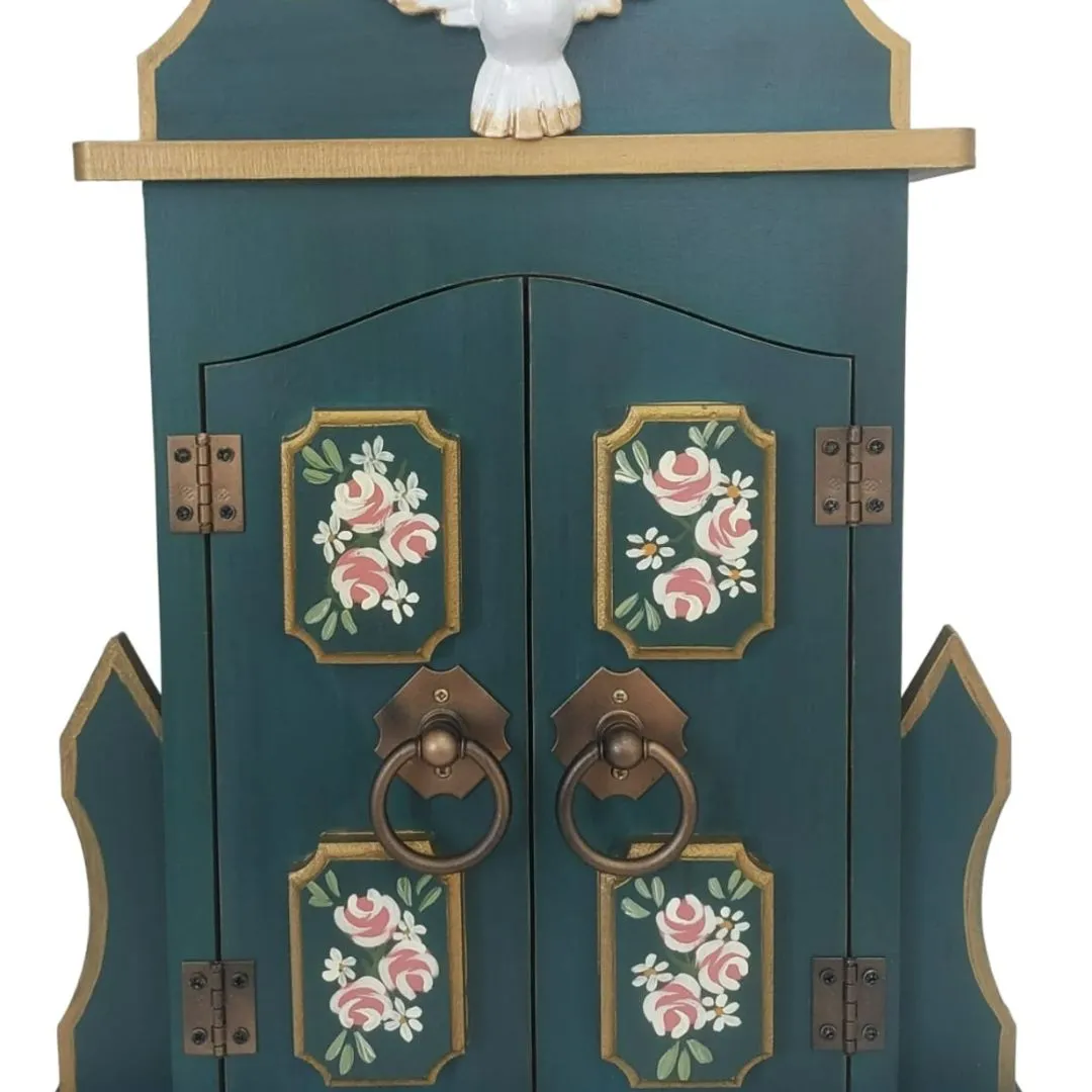 Oratório Capela Com Porta Para Imagens De Até 20cm Azul Ouro Preto - Com Iluminação Azul Porta Almofadada - foto 5