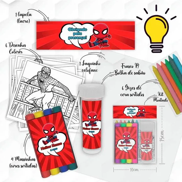 Kit Massinha + Giz + Bolha Homem Aranha Cute Personalizado - feito à mão por Mi Papelaria Criativa