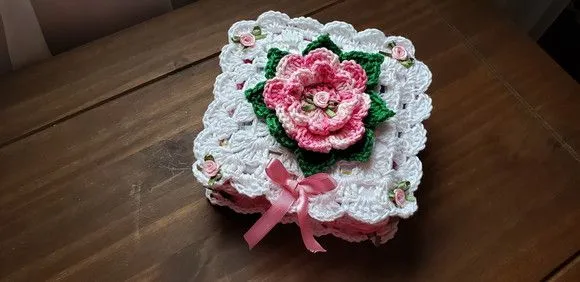 Porta Guardanapos em Crochê Flor Rosa Mesclado - foto 4