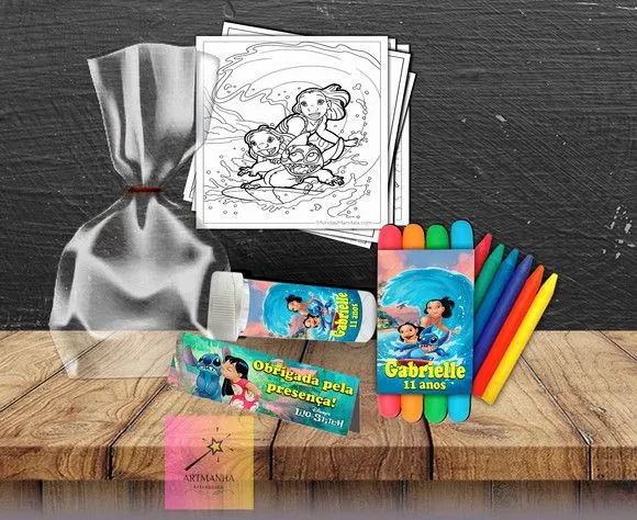 Kit Massinha + Giz + Bolha Lilo e Stitch Personalizado - artesanato feito à mão por Artmanha Lembrancinhas
