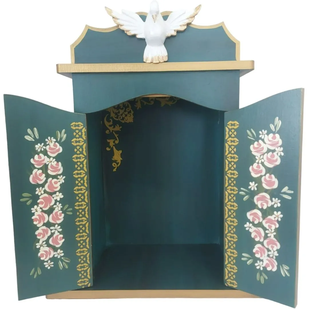 Oratório Capela Com Porta Para Imagens De Até 20cm Azul Ouro Preto - Com Iluminação Azul Porta Almofadada - foto 6