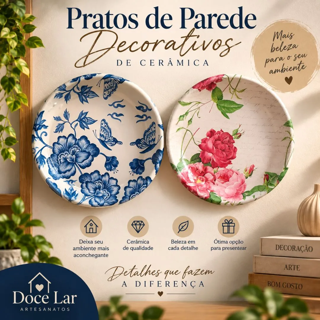 Kit 2 Prato de Parede Enfeite Decorativo De Cerâmica Artesanal Floral