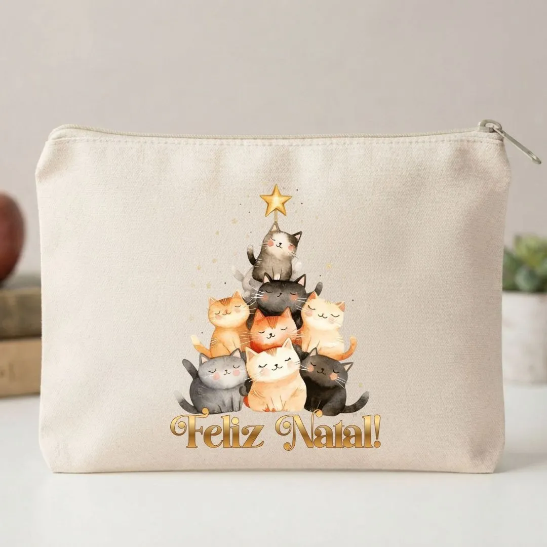 Nécessaire Personalizada em algodão Lembrancinha Arvore de Natal gatos - foto 2