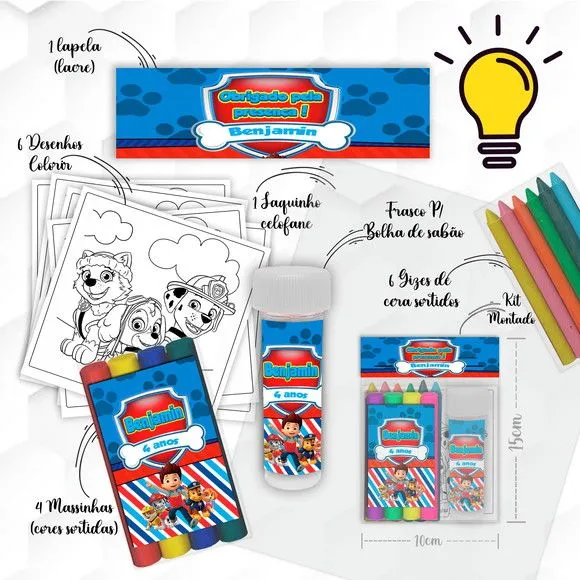 Kit Massinha + Giz + Bolha Patrulha Canina Personalizado - feito à mão por Mi Papelaria Criativa