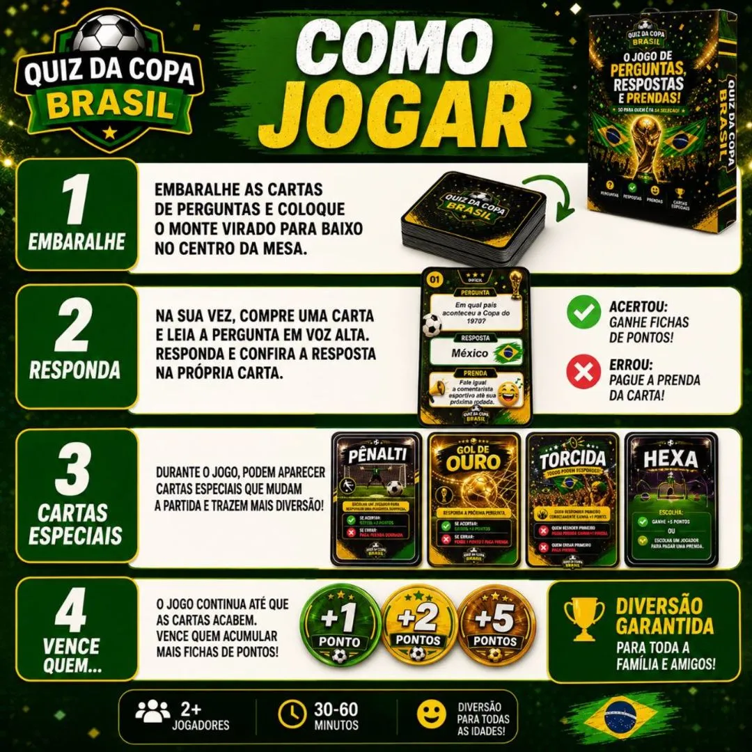 Jogo De Futebol Brasileiro Para Família Quiz Copa Com Cartas JD Arte - foto 4