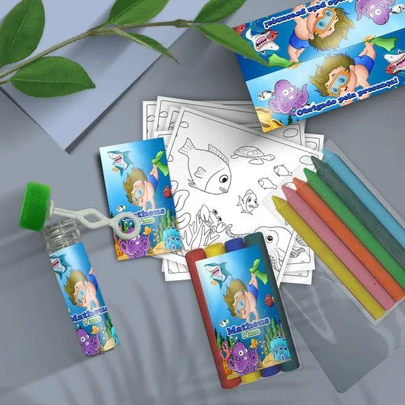 Kit Massinha + Giz + Bolha - Fundo do Mar Personalizado - feito à mão por Mi Papelaria Criativa