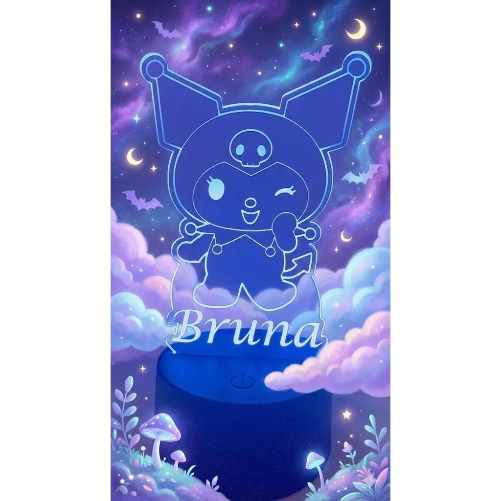 Luminaria My Melody Kuromi personalizada para quarto em acrilico na de 3mm com base de led RGB