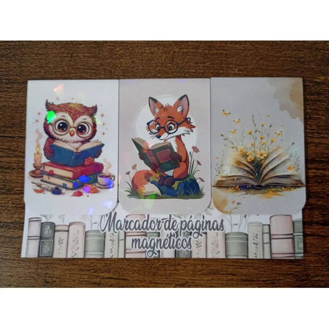 Marcador de Página Magnético "Coruja, Raposa e Livro" - artesanato de Emejhu Personalizados