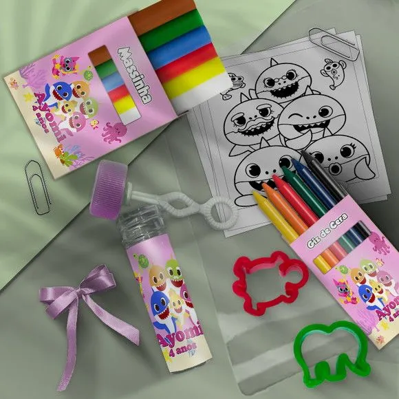 Kit Massinha Infantil Baby Shark Personalizado - feito à mão por Mi Papelaria Criativa