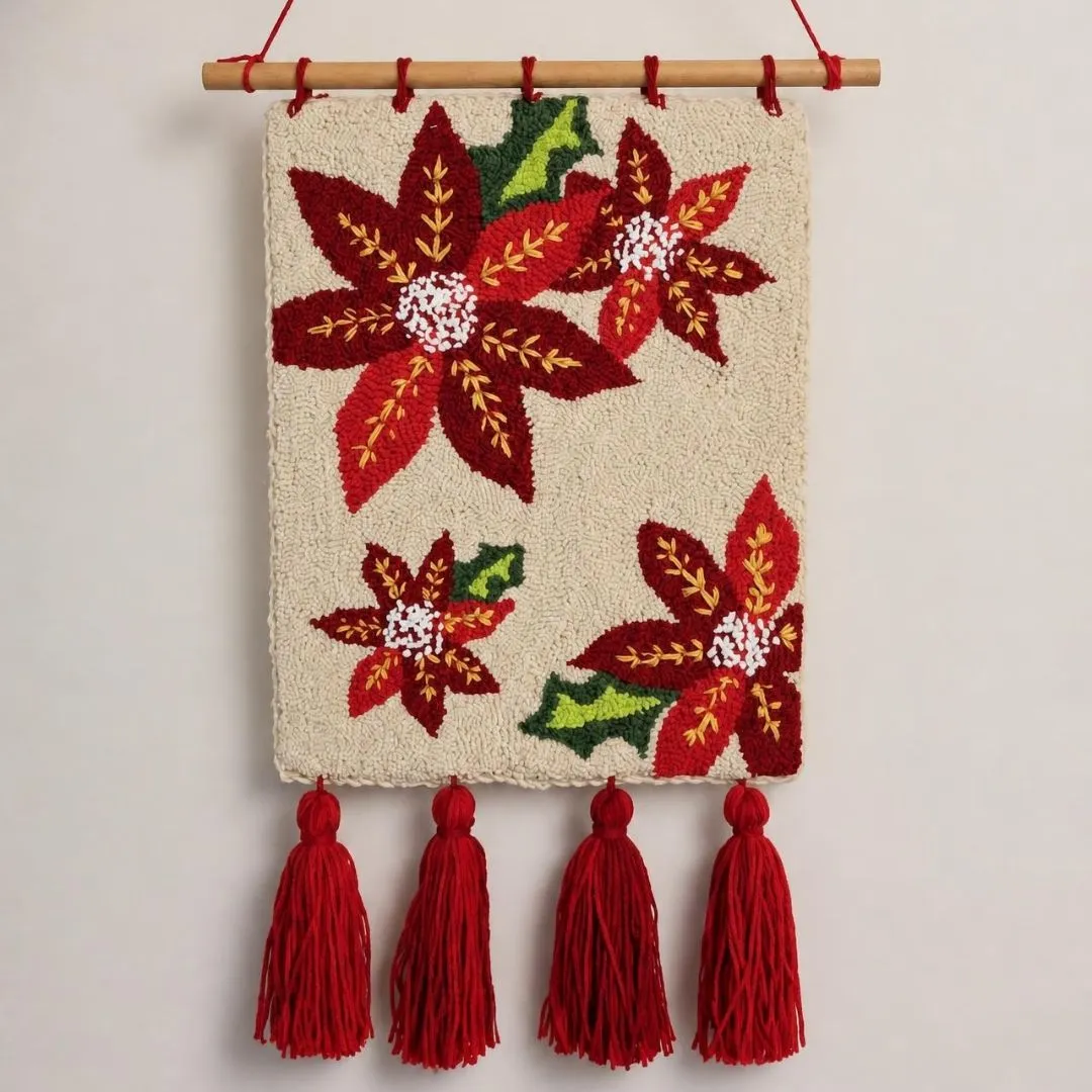 Flâmula de Natal em Punch Needle - Tapeçaria de Parede Flor de Natal