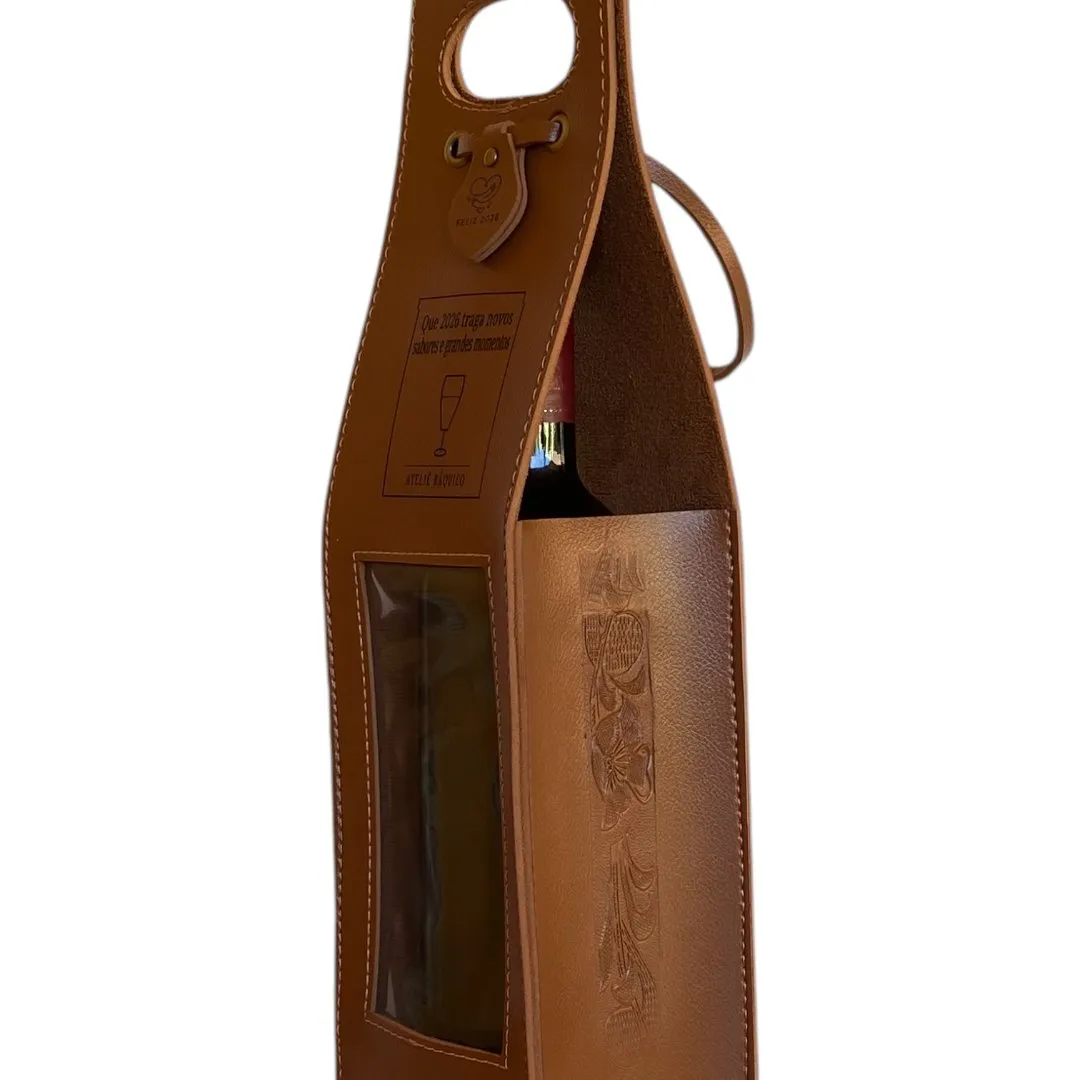 Porta-Vinho Artesanal em Couro Montana Personalizado com Nome ou Logo - foto 7