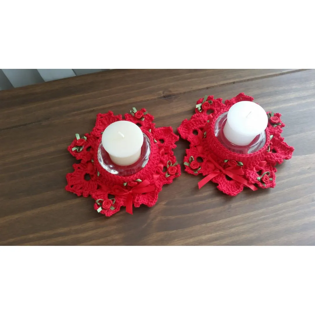 Par de Porta Velas em Crochê Vermelho - artesanato de Mari Crochê feito com carinho!