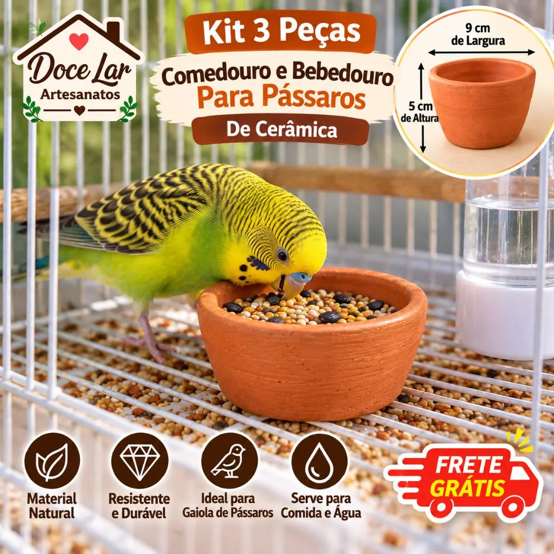 Kit 3 Peças Comedouro e Bebedouro para Gaiola de Pássaros De Cerâmica - foto 3