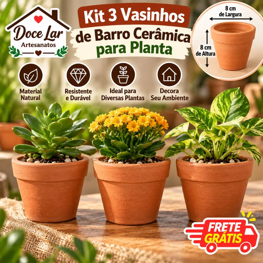 Kit 3 Vasinhos de Barro Cerâmica para Planta 8cm - foto 3