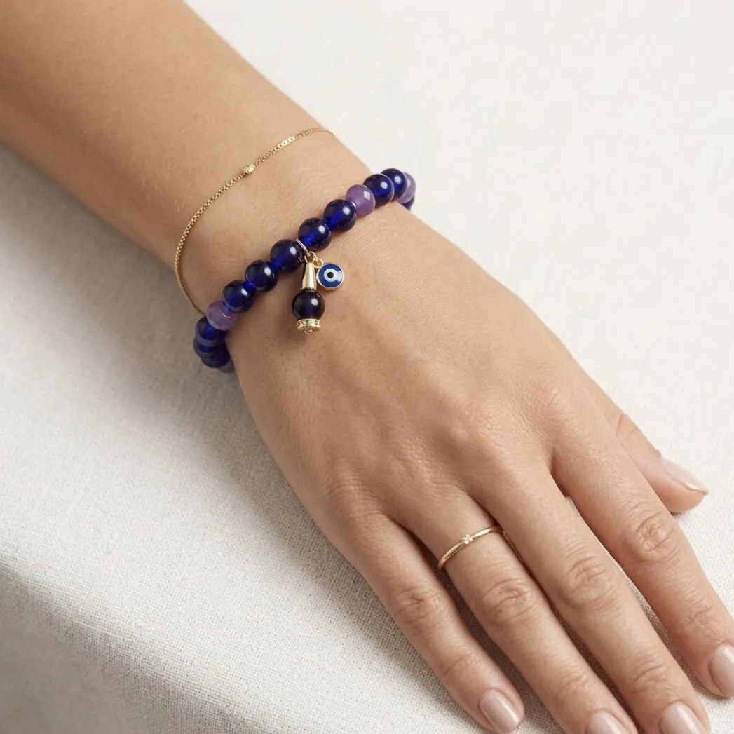 Pulseira em Murano azul com  pedras naturais ametista - artesanato de Donna