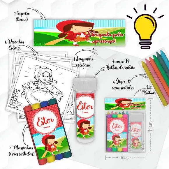 Kit Massinha + Giz +bolha Chapeuzinho Vermelho Personalizado - feito à mão por Mi Papelaria Criativa