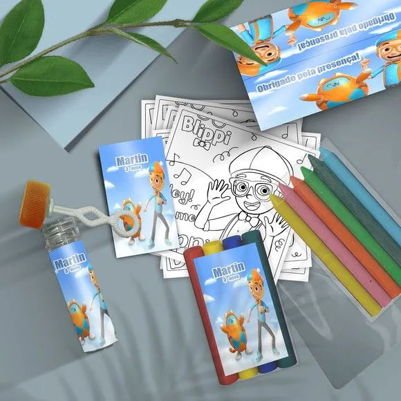 Kit Massinha + Giz + Bolha - Blippi Personalizado - feito à mão por Mi Papelaria Criativa
