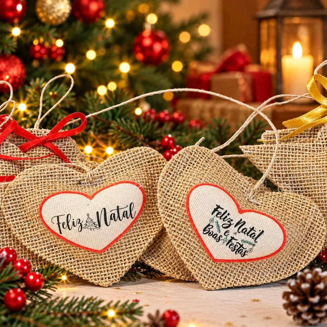 Coração Pingente de Natal e Ocasiões - Juta Natural com Enchimento - Lembrancinha e Brinde - Chaveiro - foto 3