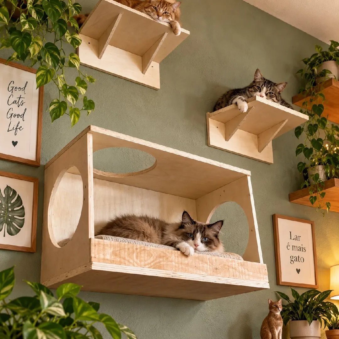 🐾 Playground de Parede para Gatos em Madeira – 6 Peças