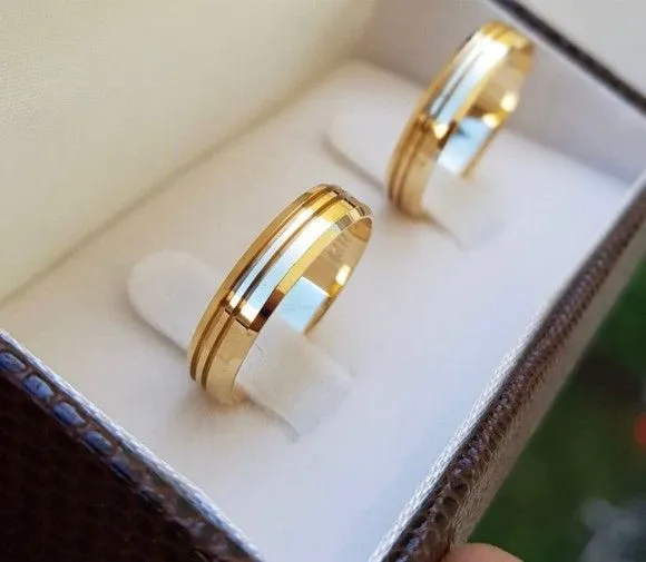 Par Alianças de Noivado Moeda Antiga 6mm + Anel Solitário - artesanato feito à mão por TM JOIAS