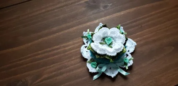 Capa para Potes em Crochê Verde Piscina com Flores Brancas - foto 5