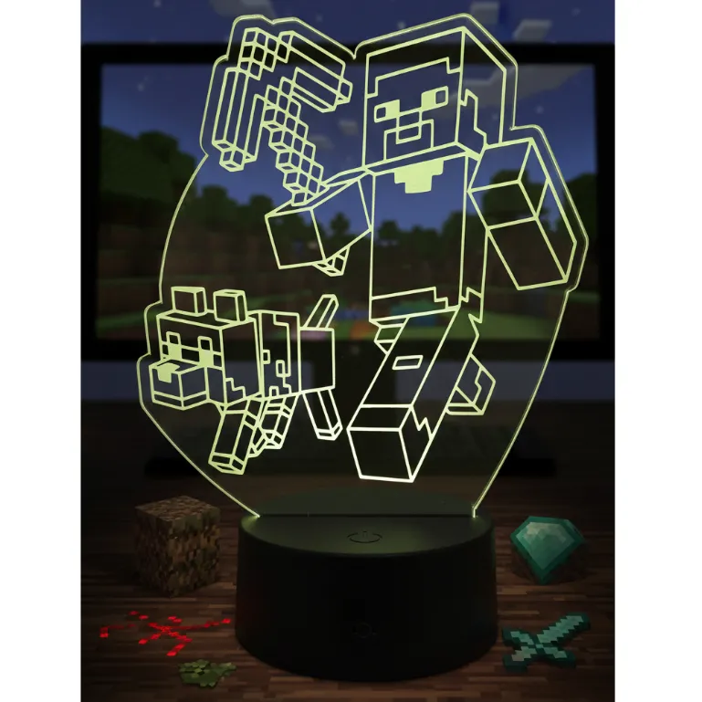 Luminária Minecraft Led 3D Luz Noturna Acrílico 3mm Base LED Gamer Quarto Presente Geek