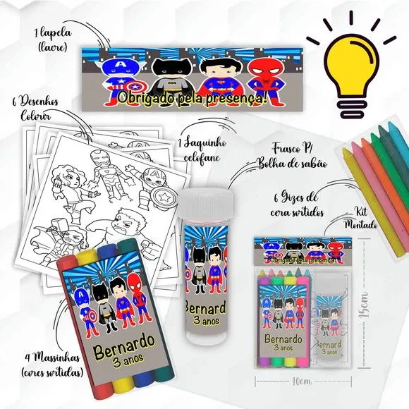 Kit Massinha + Giz + Bolha Herois Baby Personalizado - feito à mão por Mi Papelaria Criativa