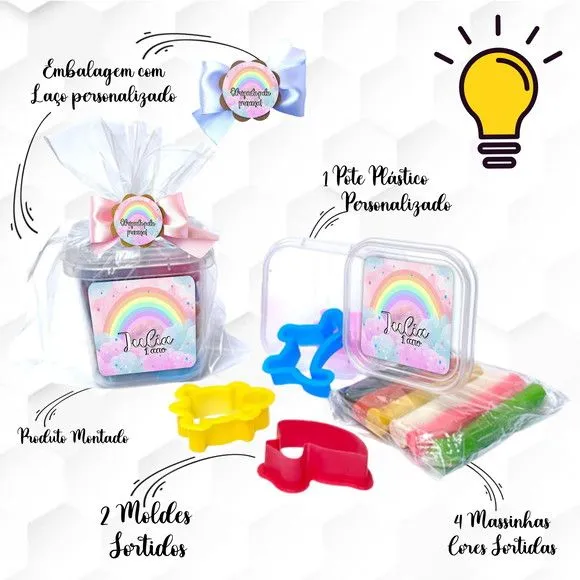 Massinha no Pote com Cortadores Arco Iris Personalizada - feito à mão por Mi Papelaria Criativa
