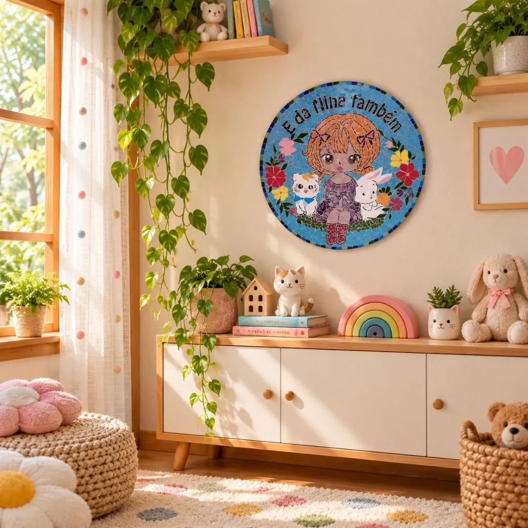 🌸 Quadro Infantil em Mosaico – Nina e Seus Amiguinhos - artesanato feito à mão por Crismosaico & madeiras