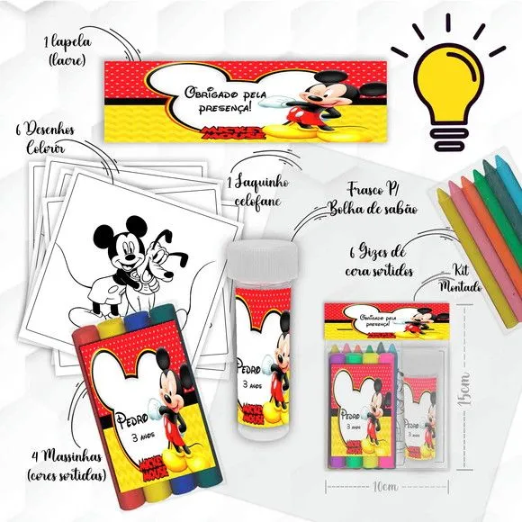 Kit Massinha + Giz + Bolha Mickey Personalizado - feito à mão por Mi Papelaria Criativa