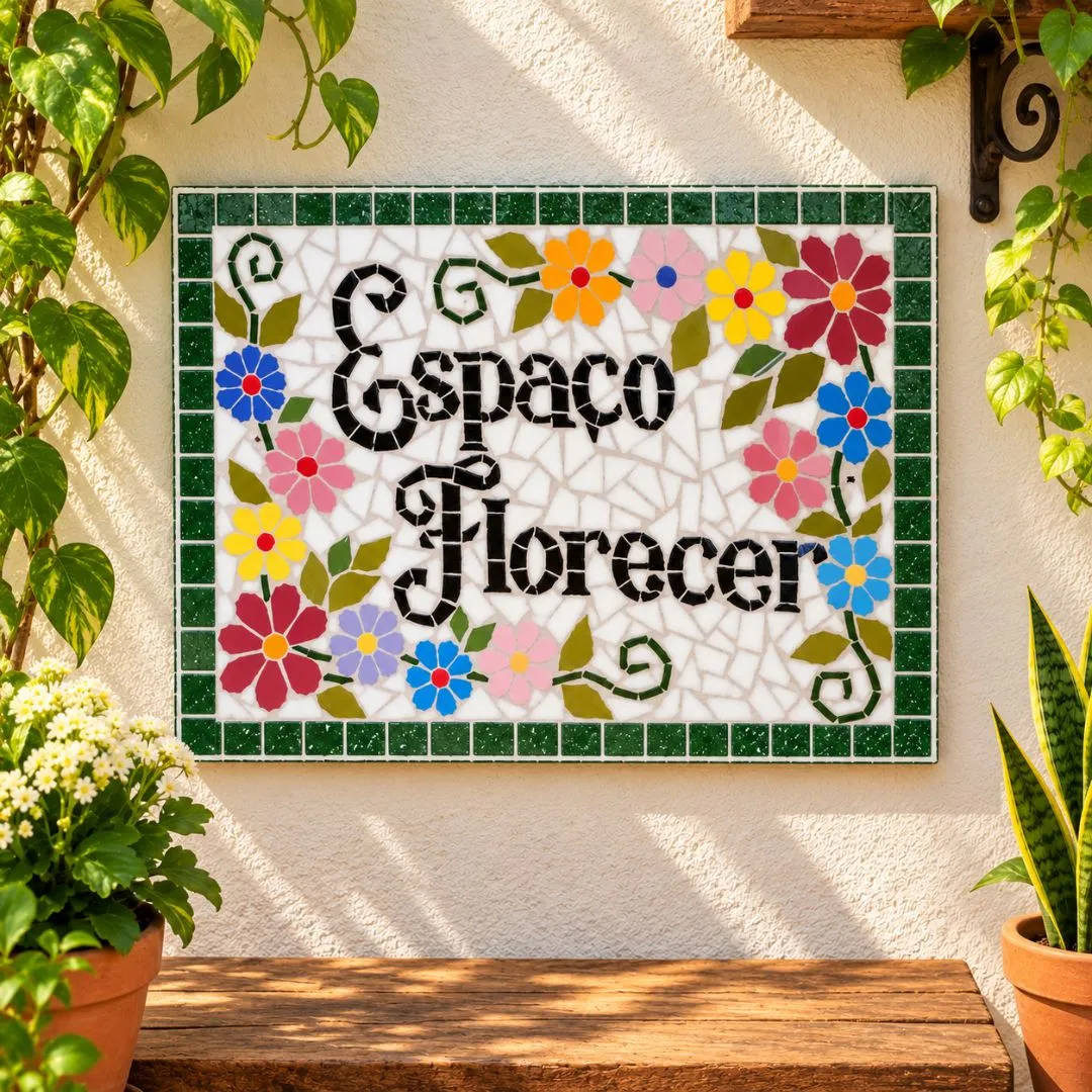 🌸 Placa em Mosaico – Espaço Florescer - artesanato feito à mão por Crismosaico & madeiras