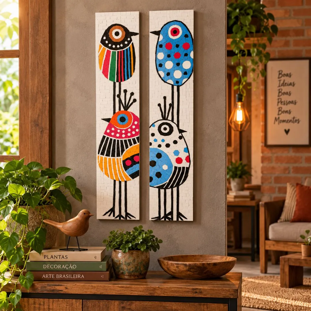 Dupla de Quadros Pássaros Coloridos em Mosaico - artesanato feito à mão por Crismosaico & madeiras