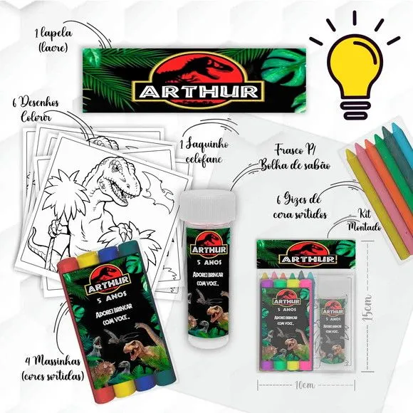 Kit Massinha + Giz + Bolha Jurassic Personalizado - feito à mão por Mi Papelaria Criativa