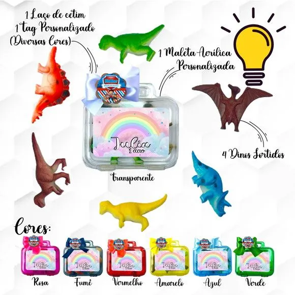 Mini Maleta com Dinossauros Arco Iris Personalizada - feito à mão por Mi Papelaria Criativa