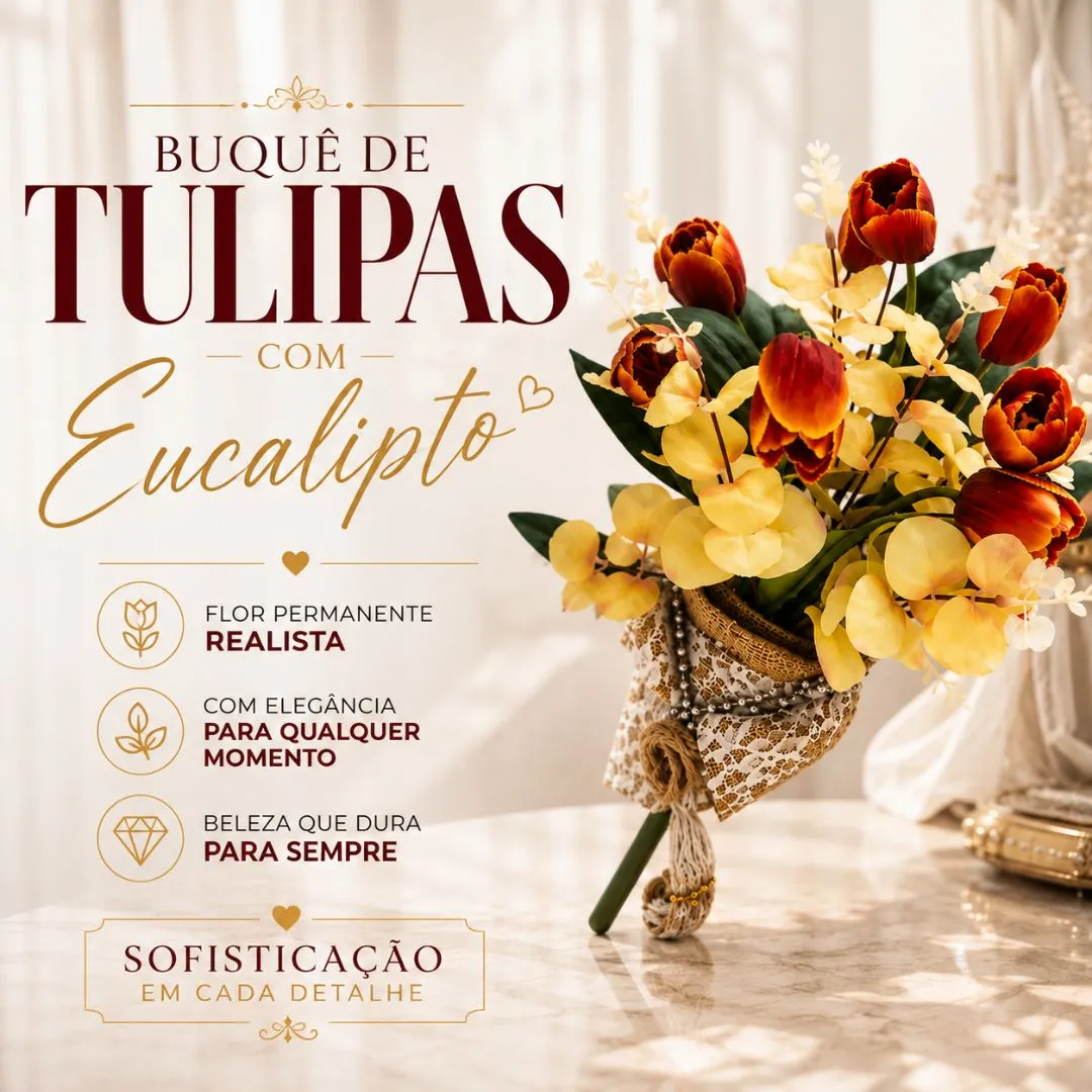 Buquê de Tulipas com Eucalipto Flor Permanente Realista com Elegância - artesanato feito à mão por FlorDecorar